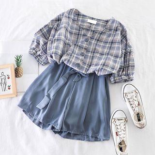 Set: Plaid Blouse + High-waist Wide-leg Shorts