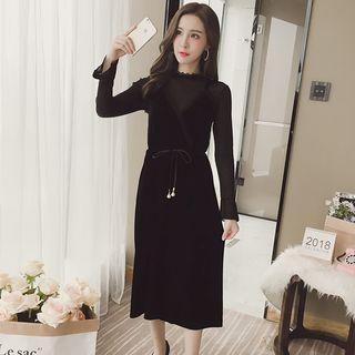 Set: Crochet-neck Sheer Top + Drawstring Suspender Dress
