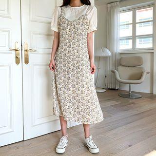 Set: Puff-sleeve Blouse + Floral Print Pinafore Dress