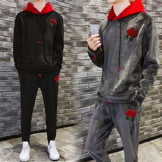 Set: Rose Applique Pleuche Hoodie + Sweatpants