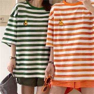 Striped Embroidered Print Short-sleeve T-shirt
