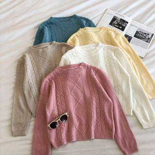 Plain Crewneck Argyle Long-sleeve Cable-knit Sweater
