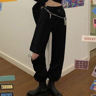 Plain High-waist Distressed Drawstring-cuff Pants