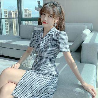 Short-sleeve Gingham Mini A-line Blazer Dress