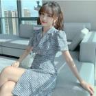 Short-sleeve Gingham Mini A-line Blazer Dress