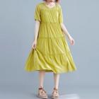 Short-sleeve Midi A-line Dress Yellow - One Size