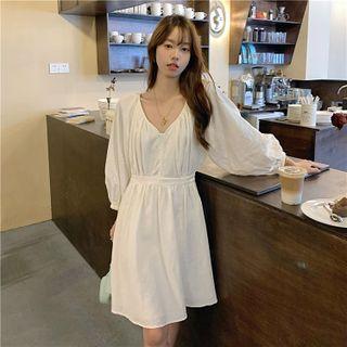 Long Sleeve V-neck Plain A-line Dress White - One Size