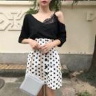 Elbow-sleeve Lace Panel T-shirt / Polka Dot A-line Skirt