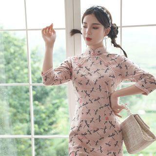 3/4-sleeve Dragonfly Print Qipao Dress
