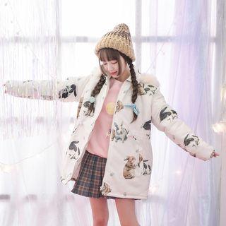 Rabbit Print Hooded Zip Jacket