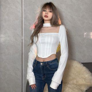 Mesh Panel Asymmetrical Cropped Blouse