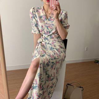 Short Sleeve V-neck Floral Print Wrapped A-line Dress