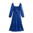 Long-sleeve V-neck Tie-front Mini A-line Dress