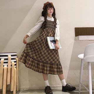 Long-sleeve Shirt / Plaid Midi A-line Pinafore Dress