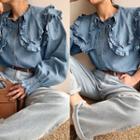 Layered Frill Collar Denim Blouse Blue - One Size