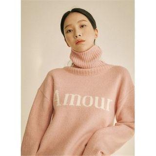 Turtle-neck Letter Print Sweater Black - One Size