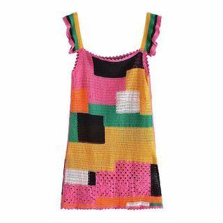 Sleeveless Color Block Crochet Mini A-line Dress Pink & Yellow & Green - One Size