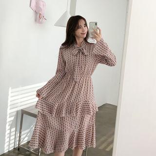 Tie-neck Ruffle-trim Patterned Dress Pink - One Size