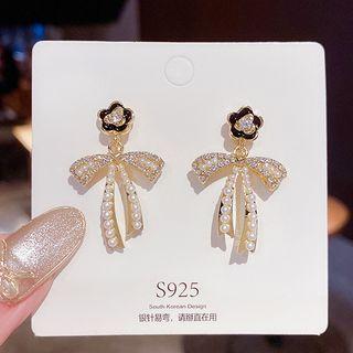 Bow Faux Pearl Alloy Dangle Earring 1 Pair - Cs055 - Gold - One Size