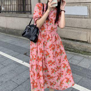 Puff-sleeve Floral Print Midi A-line Dress Red - One Size