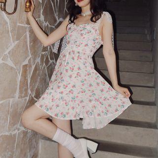Floral Lace Lace-up Ruffle Trim Sleeveless Dress