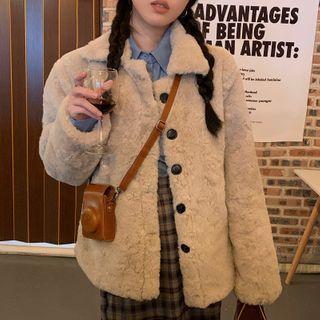 Single Breasted Fluffy Coat Beige - One Size