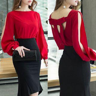 Puff-sleeve Cutout Bow-accent Top