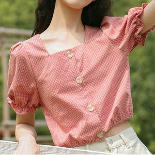Square Neckline Short-sleeve Plaid Blouse