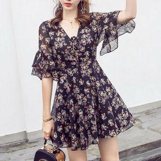 Elbow-sleeve Floral Print A-line Beach Dress