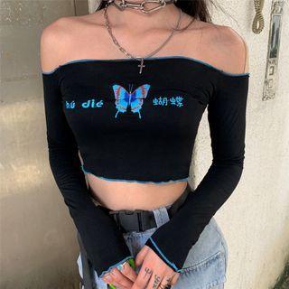 Butterfly Print Off-shoulder Long-sleeve Cropped Top
