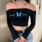 Butterfly Print Off-shoulder Long-sleeve Cropped Top