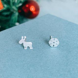 Asymmetric Ear Stud With Cloth - 1 Pair - 925 Sterling Silver - Stud Earring - One Size