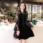 Lace Trim Tie-neck Long-sleeve A-line Dress