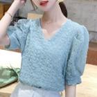 Puff-sleeve V-neck Plain Top