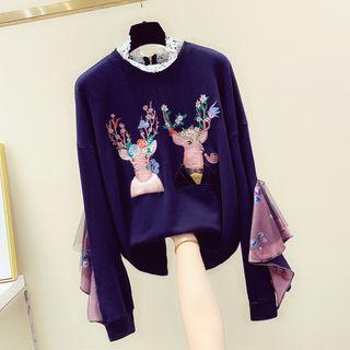 Lace-collar Elk Embroidered Pullover