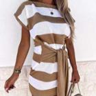 Short-sleeve Striped Tie-waist Mini Knit Dress