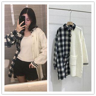 Plaid Panel Long Cardigan Black & White - One Size
