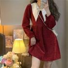 Puff-sleeve Glitter Collared A-line Dress