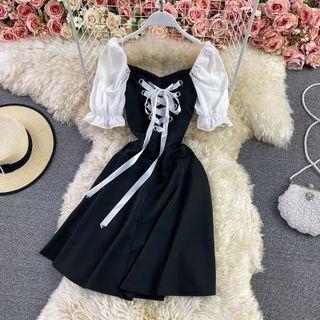Color Block Short Sleeve Lace-up A-line Dress