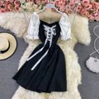 Color Block Short Sleeve Lace-up A-line Dress