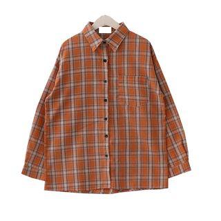 Long-sleeve Plaid Shirt Tangerine - One Size