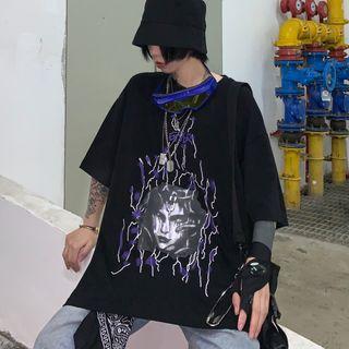 3/4-sleeve Printed T-shirt Black - One Size