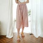 Gingham Cropped Wide-leg Pants With Sash