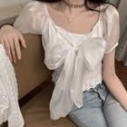 Mesh Panel Puff-sleeve Bow Cropped Top White - One Size