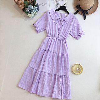 Collared Short-sleeve Tie-neck Midi A-line Dress