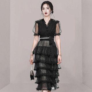 Set: Puff-sleeve Dotted Mesh Top + Layered Midi Sheath Skirt