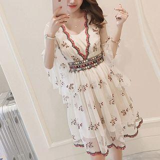 Embroidered Bell-sleeve A-line Chiffon Dress