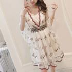 Embroidered Bell-sleeve A-line Chiffon Dress