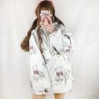 Bear Print Long Hoodie White - One Size