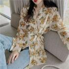 Long-sleeve Double Breasted Floral Print Shirt Yellow Floral - Beige - One Size
